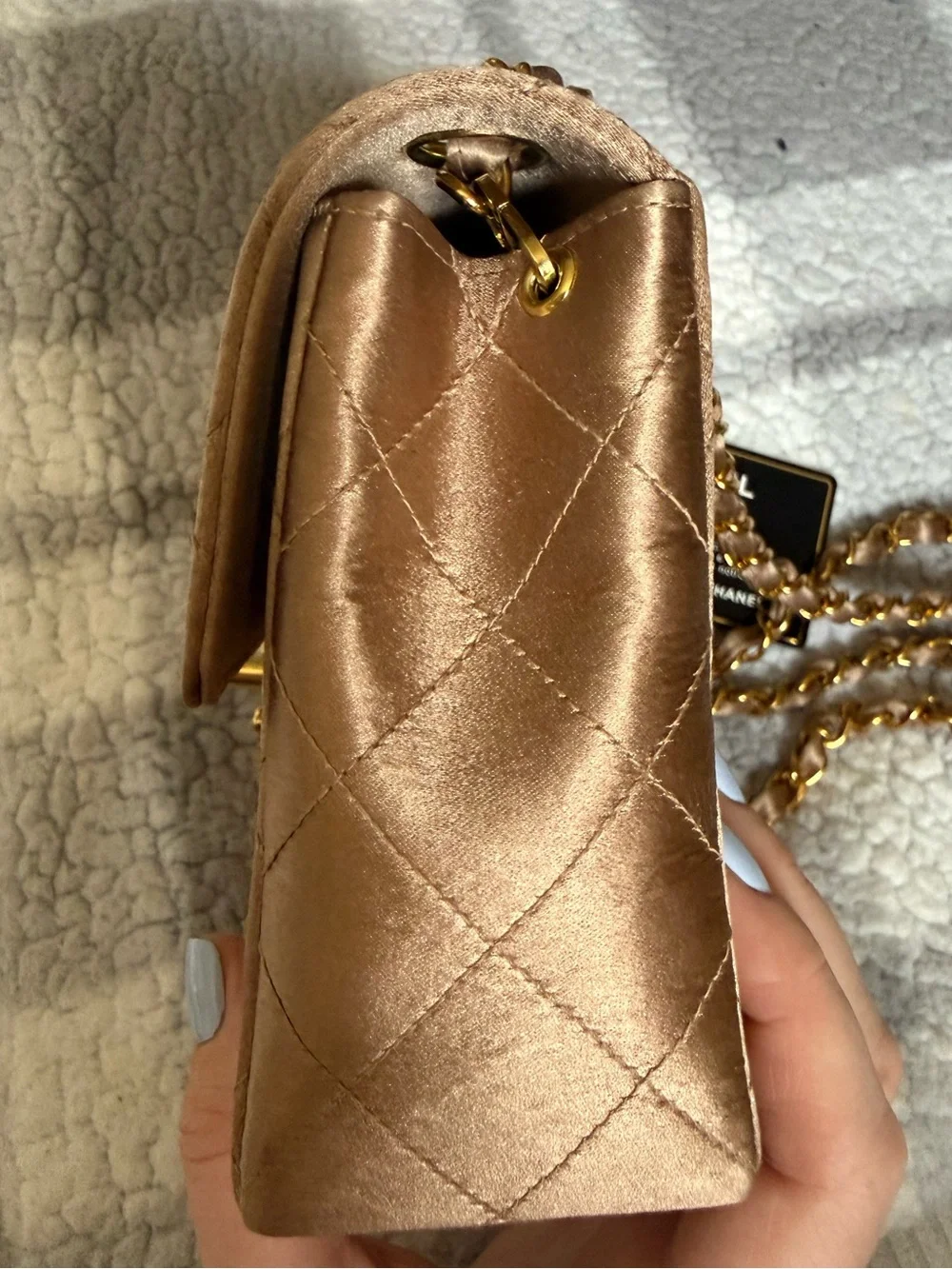 Chanel Quilted Gold Satin Mini Square Classic Single Flap Bag